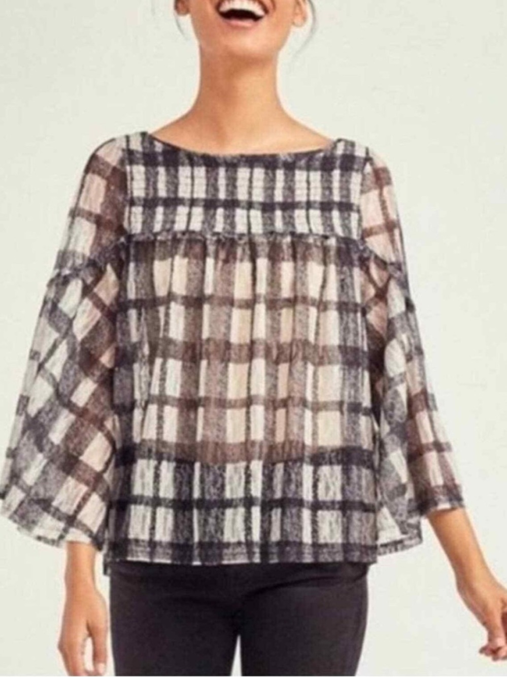 Akemi + Kin Sheer Plaid Peasant Blouse in Black and White Size XS